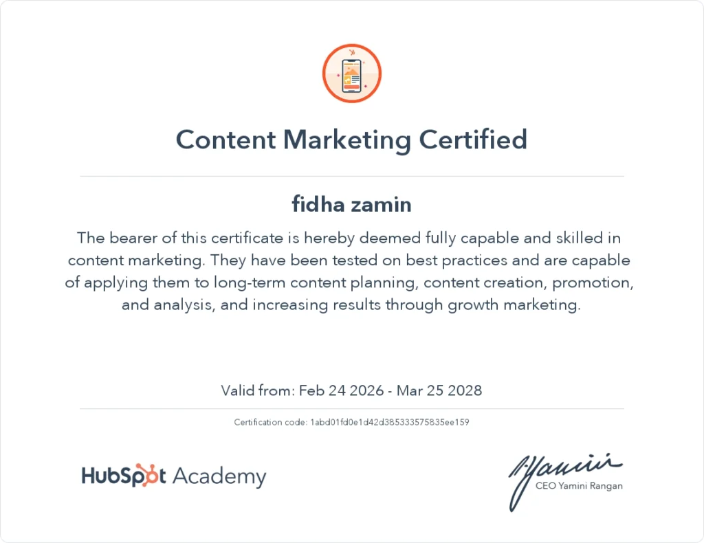 content marketing certificate by digital marketing consultant